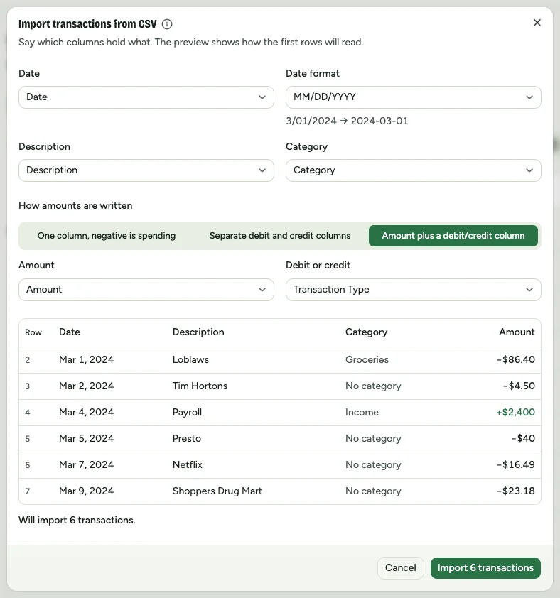 The import preview for a Mint transactions.csv: every column already matched, and the rows read as expenses and income