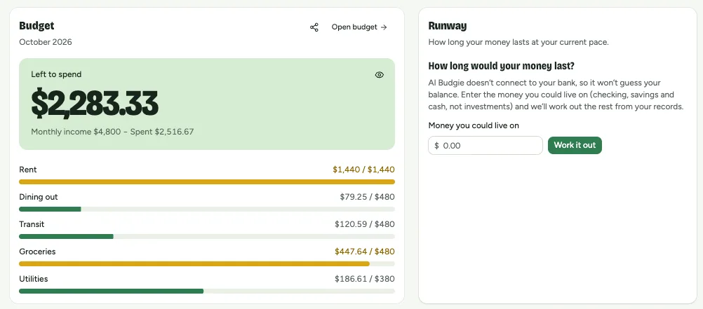 The Overview: the Budget card with left to spend and each category, and the Runway card