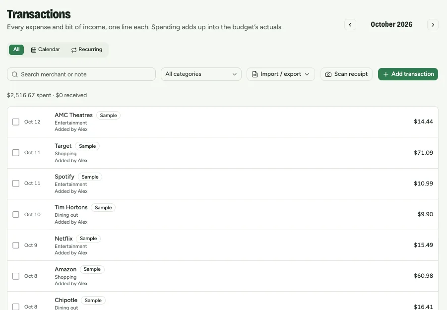 The Transactions page: tabs for all, calendar and recurring, search and filters, and the month’s transactions