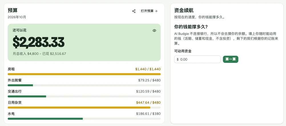概览:预算卡片显示还可以花和各分类进度,旁边是资金续航卡片